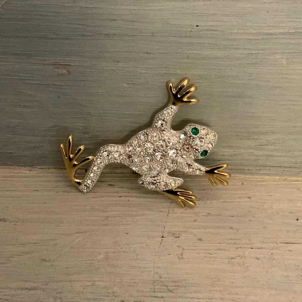 Vintage Silver & Gold Tone Bejeweled Frog Brooch Pin 2.5